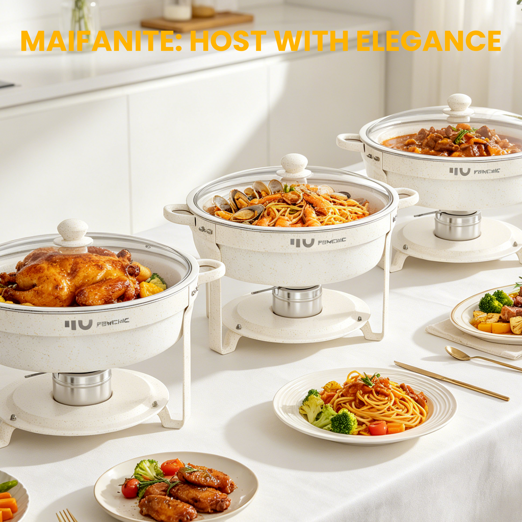 FEMCHIC 6.5QT Chafing Dish Buffet Set 2/4 Pack, White Maifanite-Coated Stainless Steel Round Buffet Server Food Warmer w/ Glass Lid & Lid Holder for Parties Catering Events Weddings Banquets