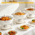 FEMCHIC 6.5QT Chafing Dish Buffet Set 2/4 Pack, White Maifanite-Coated Stainless Steel Round Buffet Server Food Warmer w/ Glass Lid & Lid Holder for Parties Catering Events Weddings Banquets