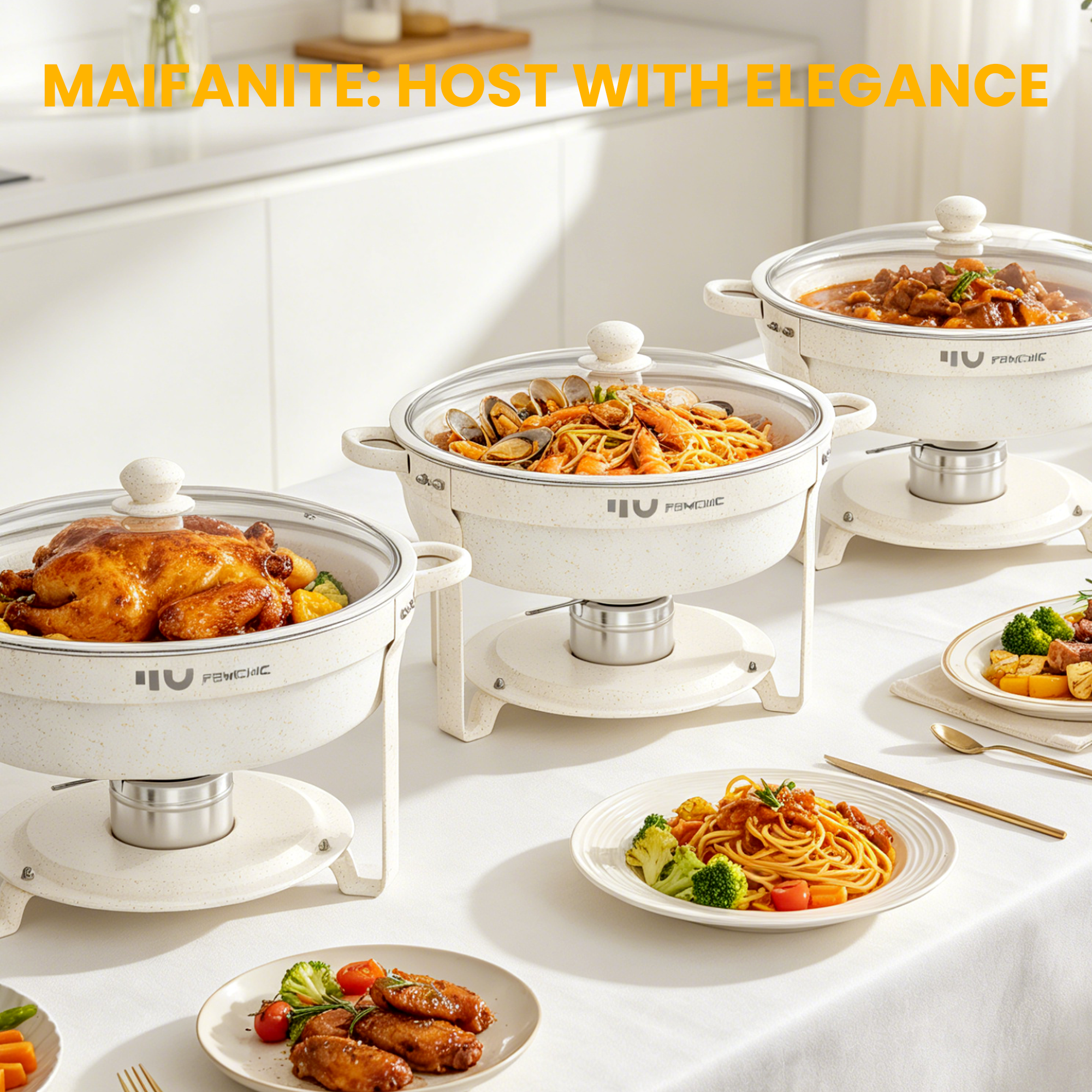 FEMCHIC 6.5QT Chafing Dish Buffet Set 2/4 Pack, White Maifanite-Coated Stainless Steel Round Buffet Server Food Warmer w/ Glass Lid & Lid Holder for Parties Catering Events Weddings Banquets