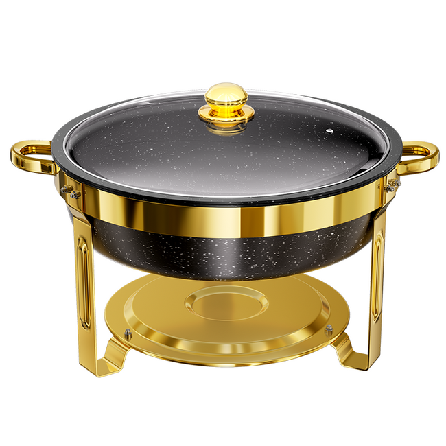 FEMCHIC Black Gold Chafing Dishes for Buffet 4 Pack,9QT Stainless Steel Round Chafers and Buffet Warmers Sets with Glass Lid & Lid Holder, Stackable Design, for Catering Events, Parties, Weddings Hover Image