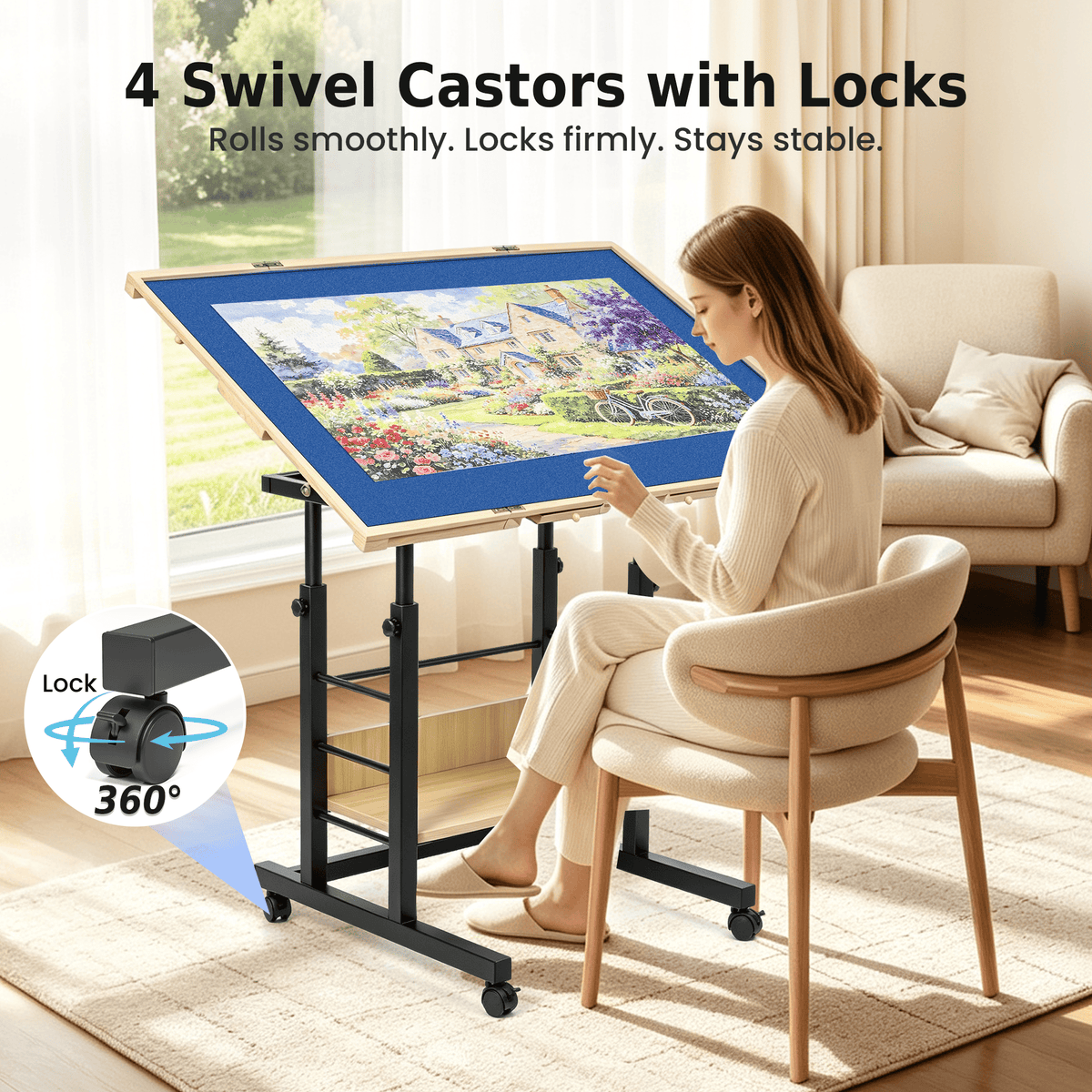FEMCHIC 2000 Pieces Puzzle Table with 4 Wheels 360° Rotating Tabletop, Jigsaw Puzzle Table Adjustable in Height Angle, Puzzle Board Table with 8 Drawers, Legs, Cover, Easy Sorting for Adults Families