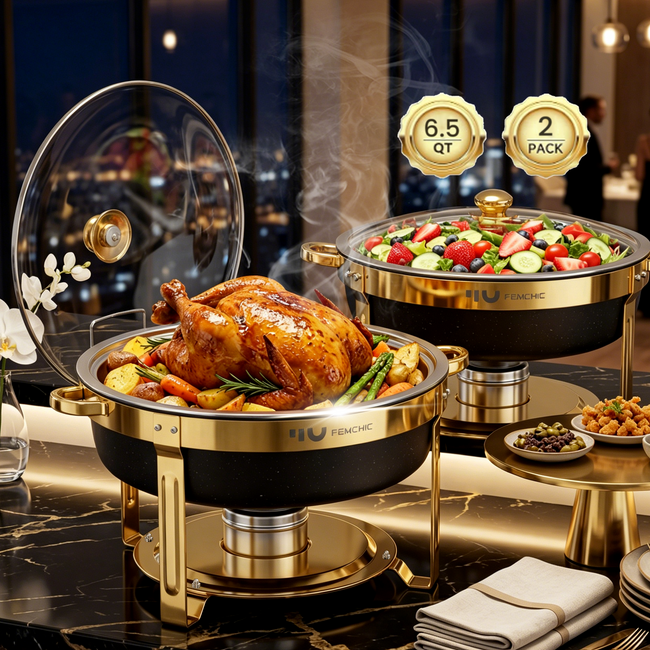 FEMCHIC 6.5QT Chafing Dish Buffet Set 2/4 Pack, Black Stainless Steel Round Buffet Server Food Warmer w/ Glass Lid & Lid Holder for Parties Catering Events Weddings Banquets Hover Image