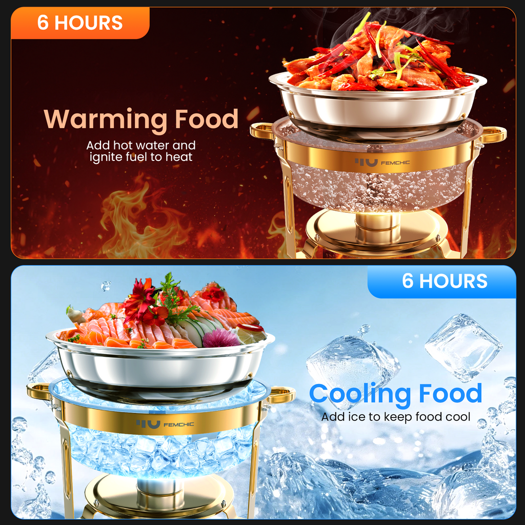 FEMCHIC 6.5QT Chafing Dish Buffet Set 2/4 Pack, Black Stainless Steel Round Buffet Server Food Warmer w/ Glass Lid & Lid Holder for Parties Catering Events Weddings Banquets