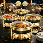 FEMCHIC 6.5QT Chafing Dish Buffet Set 2/4 Pack, Black Stainless Steel Round Buffet Server Food Warmer w/ Glass Lid & Lid Holder for Parties Catering Events Weddings Banquets