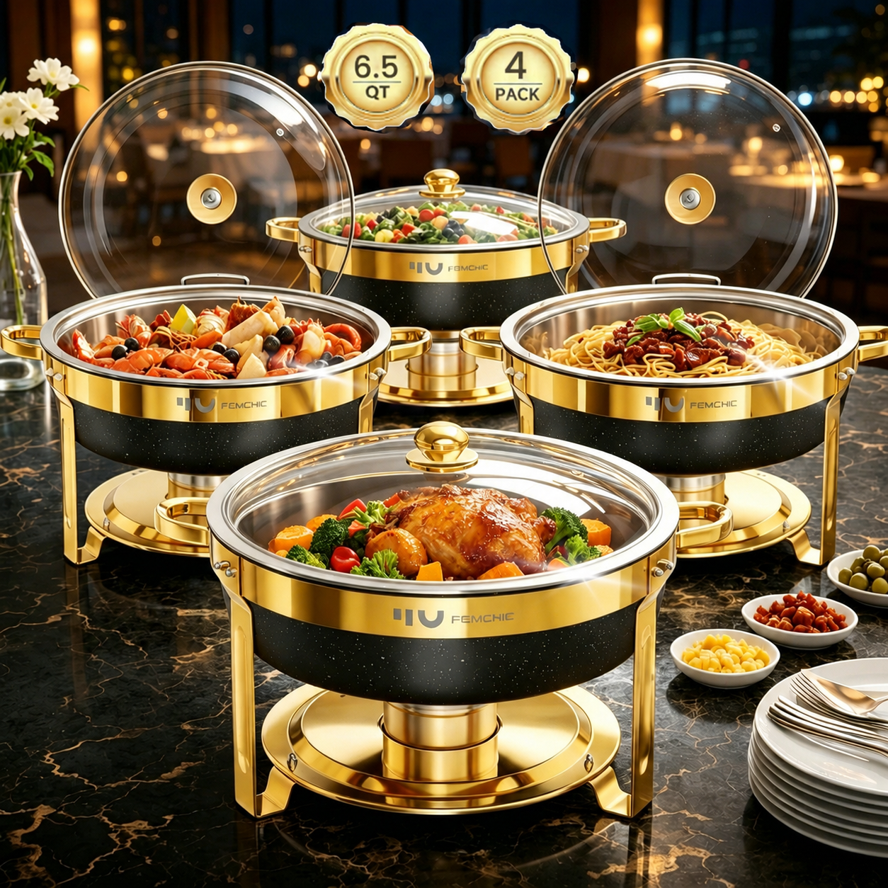 FEMCHIC 6.5QT Chafing Dish Buffet Set 2/4 Pack, Black Stainless Steel Round Buffet Server Food Warmer w/ Glass Lid & Lid Holder for Parties Catering Events Weddings Banquets