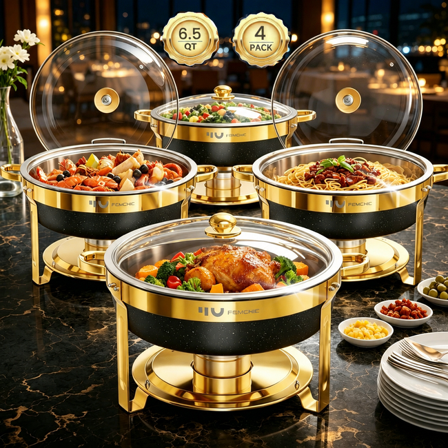 FEMCHIC 6.5QT Chafing Dish Buffet Set 2/4 Pack, Black Stainless Steel Round Buffet Server Food Warmer w/ Glass Lid & Lid Holder for Parties Catering Events Weddings Banquets Main Image