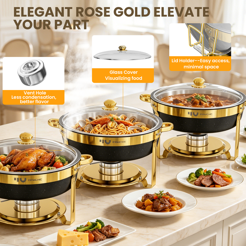FEMCHIC 6.5QT Chafing Dish Buffet Set 2/4 Pack, Black Stainless Steel Round Buffet Server Food Warmer w/ Glass Lid & Lid Holder for Parties Catering Events Weddings Banquets