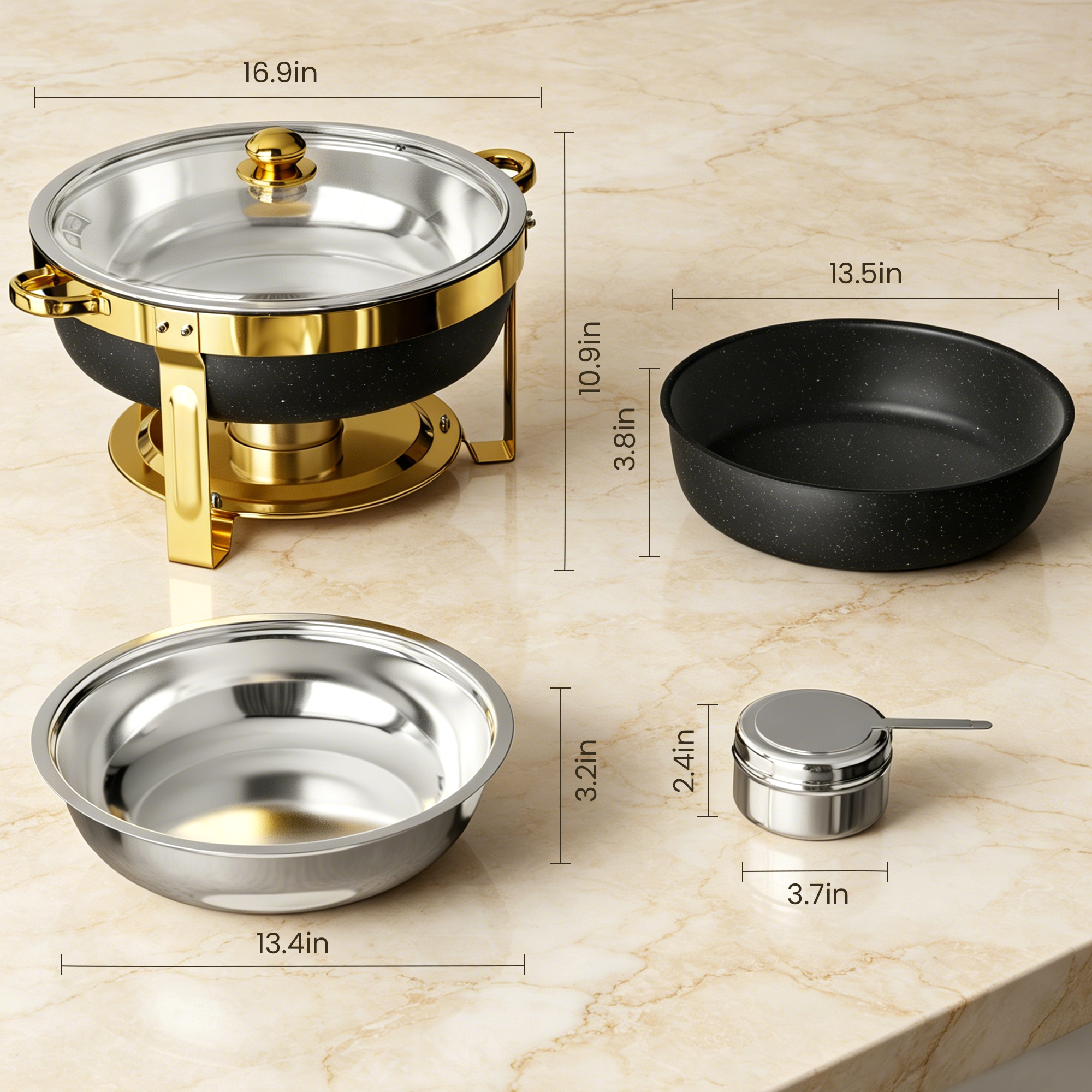 FEMCHIC 6.5QT Chafing Dish Buffet Set 2/4 Pack, Black Stainless Steel Round Buffet Server Food Warmer w/ Glass Lid & Lid Holder for Parties Catering Events Weddings Banquets