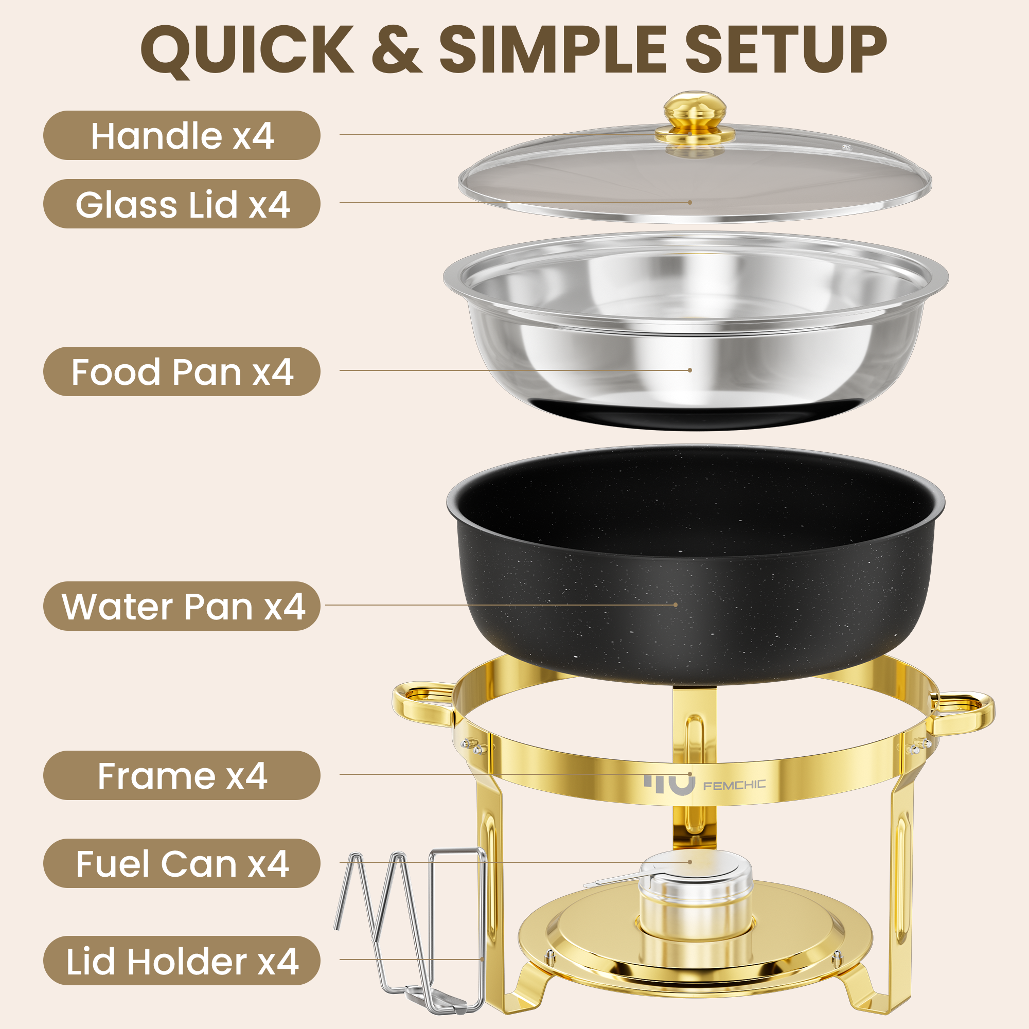 FEMCHIC 6.5QT Chafing Dish Buffet Set 2/4 Pack, Black Stainless Steel Round Buffet Server Food Warmer w/ Glass Lid & Lid Holder for Parties Catering Events Weddings Banquets