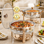 FEMCHIC 6.5QT Chafing Dish Buffet Set 2/4 Pack, Rose Gold Stainless Steel Round Buffet Server Food Warmer w/ Glass Lid & Lid Holder for Parties Catering Events Weddings Banquets