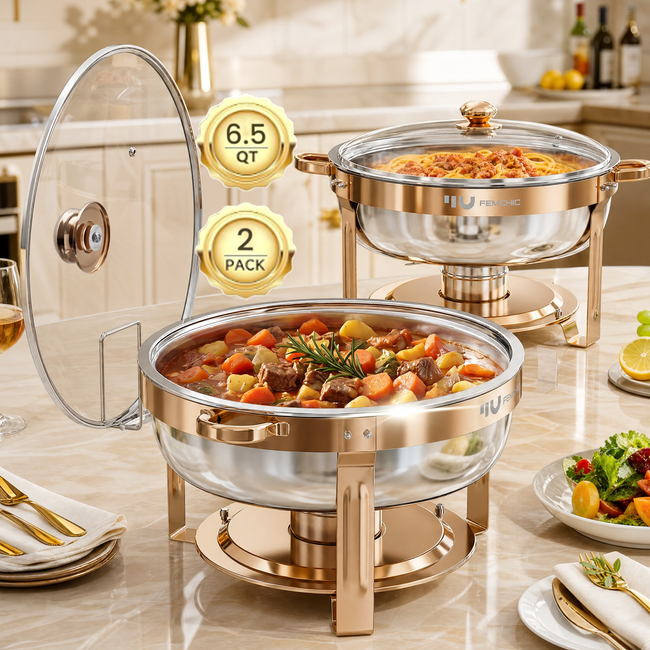 FEMCHIC 6.5QT Chafing Dish Buffet Set 2/4 Pack, Rose Gold Stainless Steel Round Buffet Server Food Warmer w/ Glass Lid & Lid Holder for Parties Catering Events Weddings Banquets Hover Image