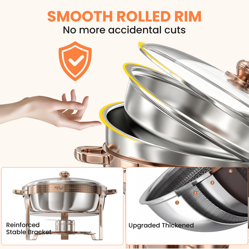 FEMCHIC 6.5QT Chafing Dish Buffet Set 2/4 Pack, Rose Gold Stainless Steel Round Buffet Server Food Warmer w/ Glass Lid & Lid Holder for Parties Catering Events Weddings Banquets
