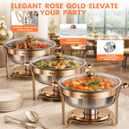 FEMCHIC 6.5QT Chafing Dish Buffet Set 2/4 Pack, Rose Gold Stainless Steel Round Buffet Server Food Warmer w/ Glass Lid & Lid Holder for Parties Catering Events Weddings Banquets