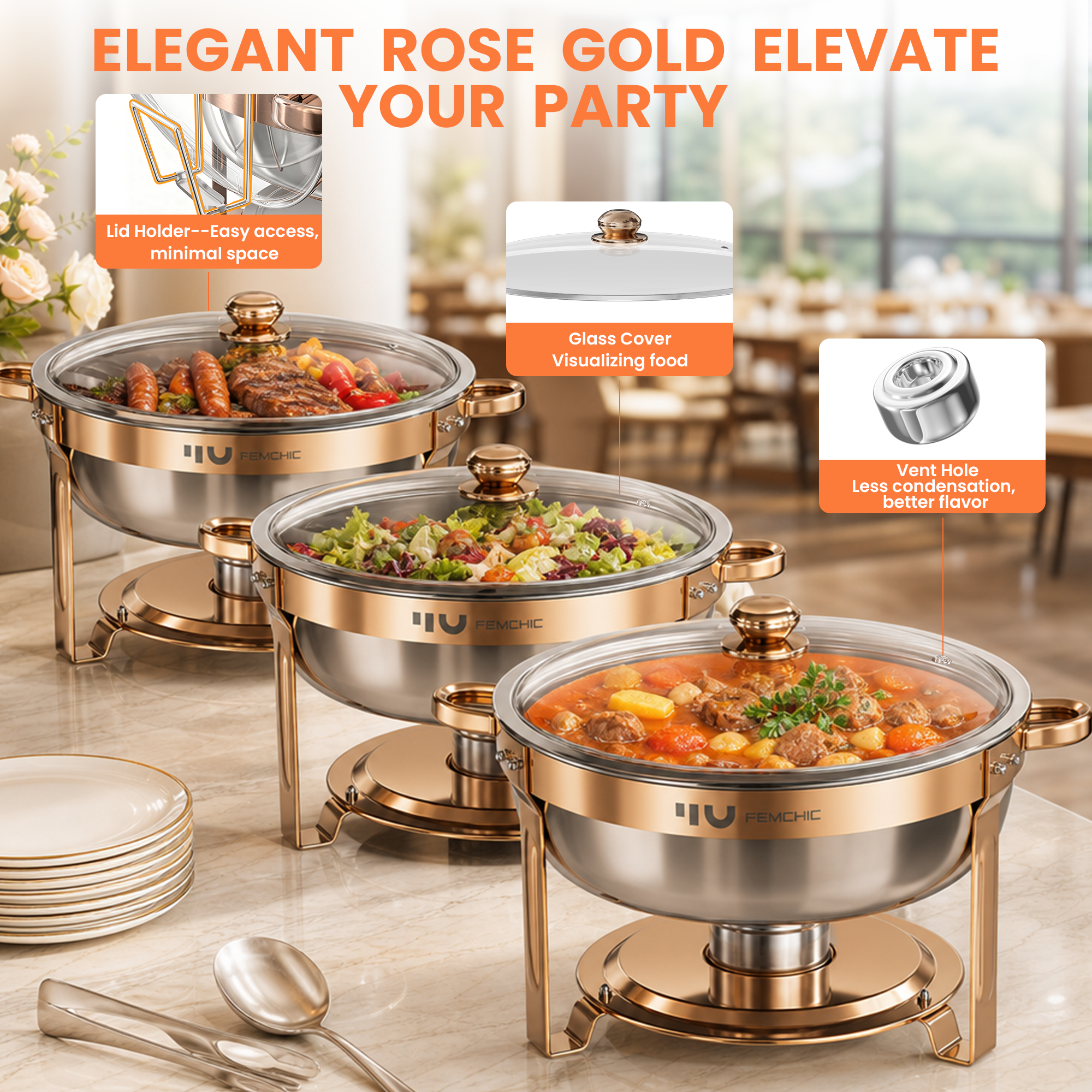 FEMCHIC 6.5QT Chafing Dish Buffet Set 2/4 Pack, Rose Gold Stainless Steel Round Buffet Server Food Warmer w/ Glass Lid & Lid Holder for Parties Catering Events Weddings Banquets