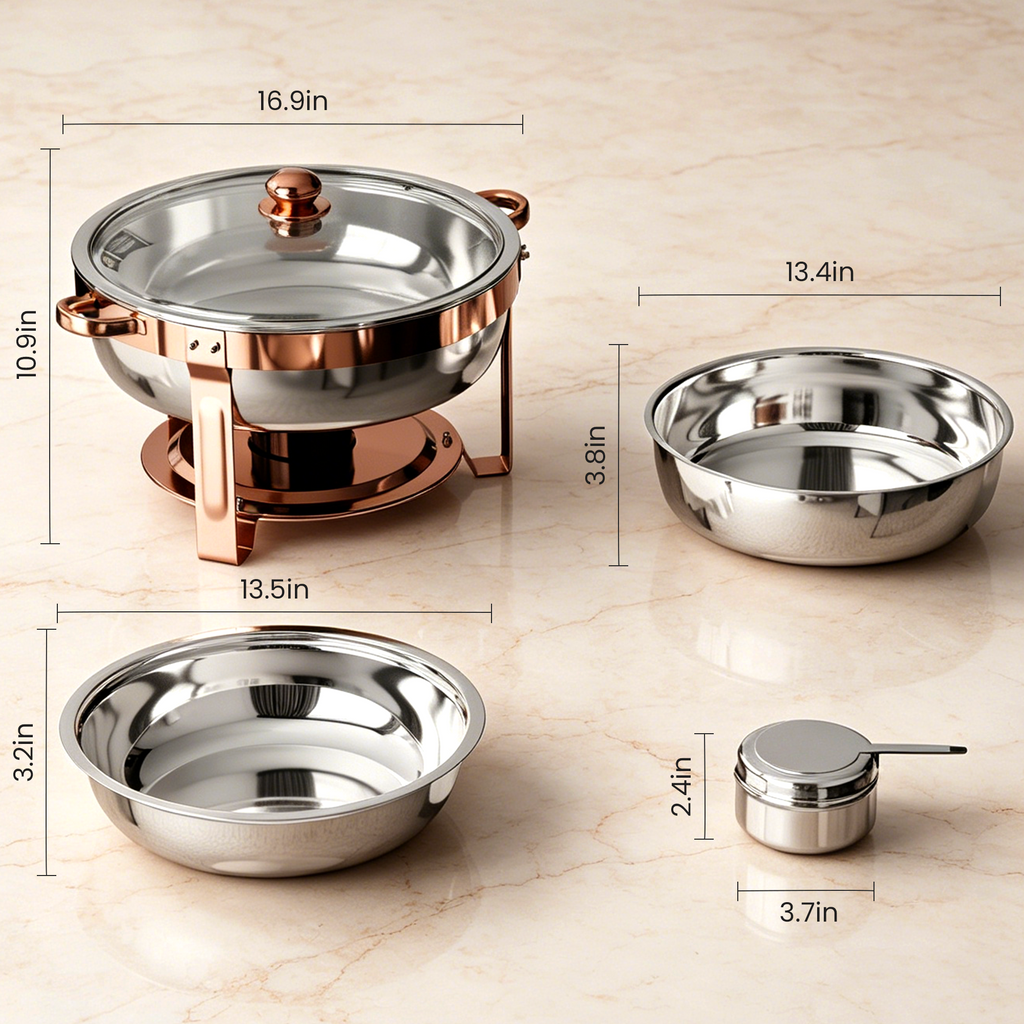 FEMCHIC 6.5QT Chafing Dish Buffet Set 2/4 Pack, Rose Gold Stainless Steel Round Buffet Server Food Warmer w/ Glass Lid & Lid Holder for Parties Catering Events Weddings Banquets