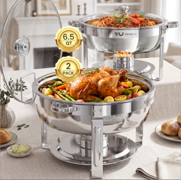 FEMCHIC 6.5QT Chafing Dish Buffet Set 2/4 Pack, Stainless Steel Round Buffet Server Food Warmer w/ Glass Lid & Lid Holder for Parties Catering Events Weddings Banquets Hover Image