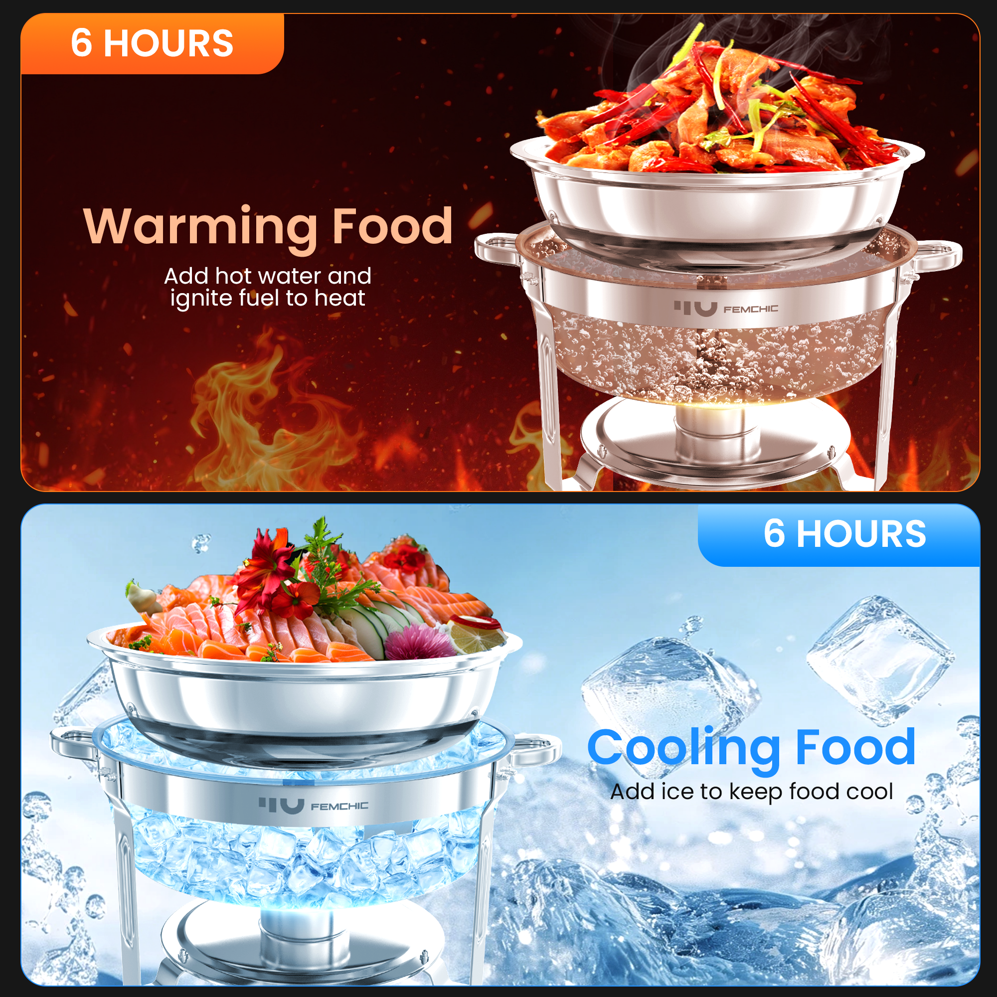 FEMCHIC 6.5QT Chafing Dish Buffet Set 2/4 Pack, Stainless Steel Round Buffet Server Food Warmer w/ Glass Lid & Lid Holder for Parties Catering Events Weddings Banquets