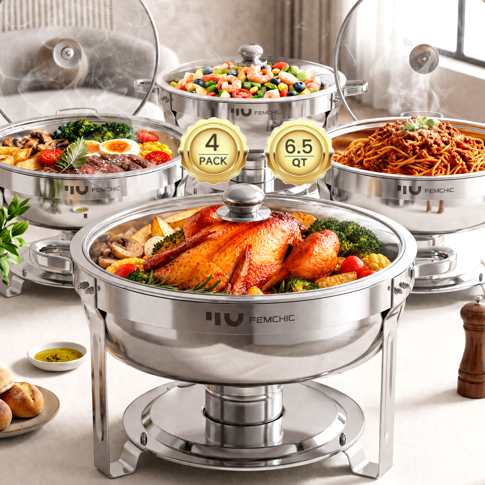 FEMCHIC 6.5QT Chafing Dish Buffet Set 2/4 Pack, Stainless Steel Round Buffet Server Food Warmer w/ Glass Lid & Lid Holder for Parties Catering Events Weddings Banquets