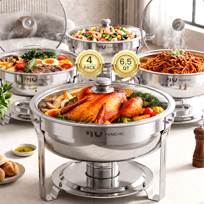FEMCHIC 6.5QT Chafing Dish Buffet Set 2/4 Pack, Stainless Steel Round Buffet Server Food Warmer w/ Glass Lid & Lid Holder for Parties Catering Events Weddings Banquets Main Image