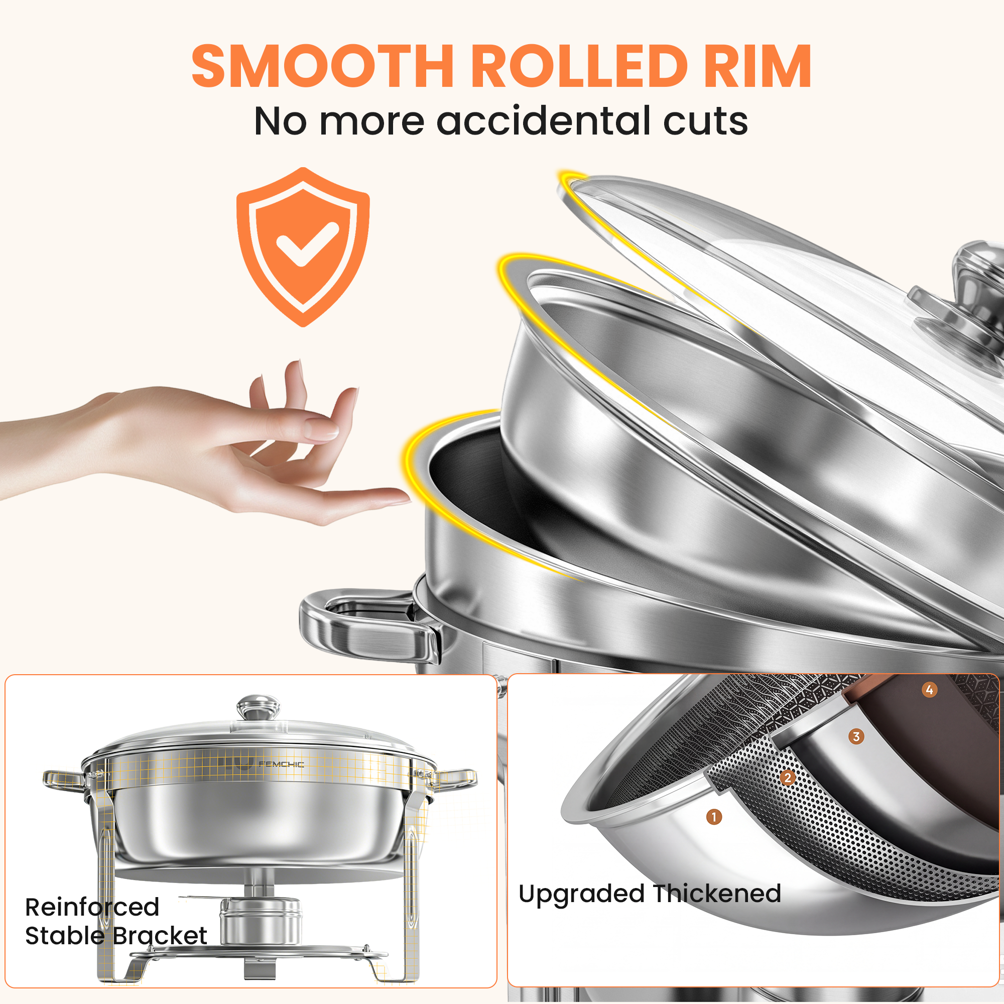FEMCHIC 6.5QT Chafing Dish Buffet Set 2/4 Pack, Stainless Steel Round Buffet Server Food Warmer w/ Glass Lid & Lid Holder for Parties Catering Events Weddings Banquets