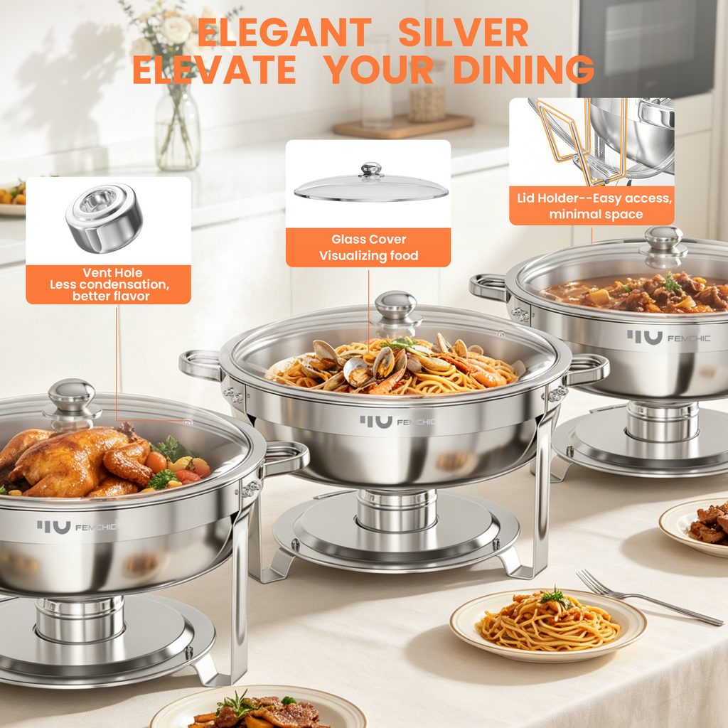 FEMCHIC 6.5QT Chafing Dish Buffet Set 2/4 Pack, Stainless Steel Round Buffet Server Food Warmer w/ Glass Lid & Lid Holder for Parties Catering Events Weddings Banquets