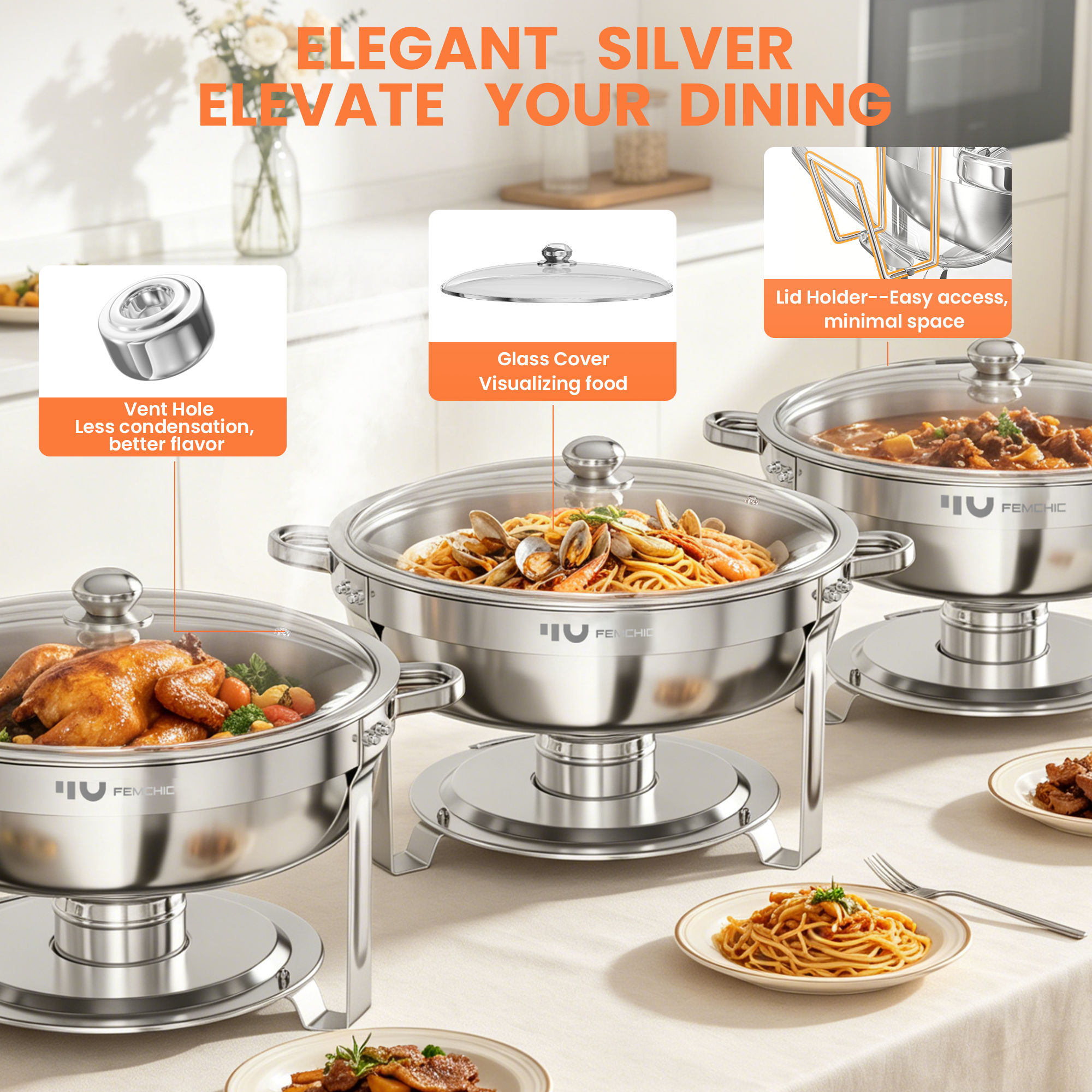 FEMCHIC 6.5QT Chafing Dish Buffet Set 2/4 Pack, Stainless Steel Round Buffet Server Food Warmer w/ Glass Lid & Lid Holder for Parties Catering Events Weddings Banquets