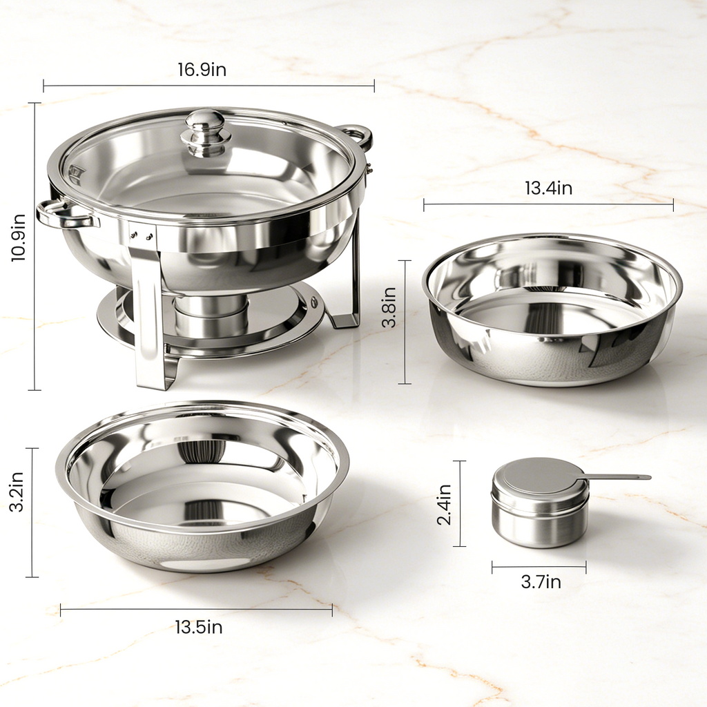 FEMCHIC 6.5QT Chafing Dish Buffet Set 2/4 Pack, Stainless Steel Round Buffet Server Food Warmer w/ Glass Lid & Lid Holder for Parties Catering Events Weddings Banquets