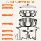 FEMCHIC 6.5QT Chafing Dish Buffet Set 2/4 Pack, Stainless Steel Round Buffet Server Food Warmer w/ Glass Lid & Lid Holder for Parties Catering Events Weddings Banquets