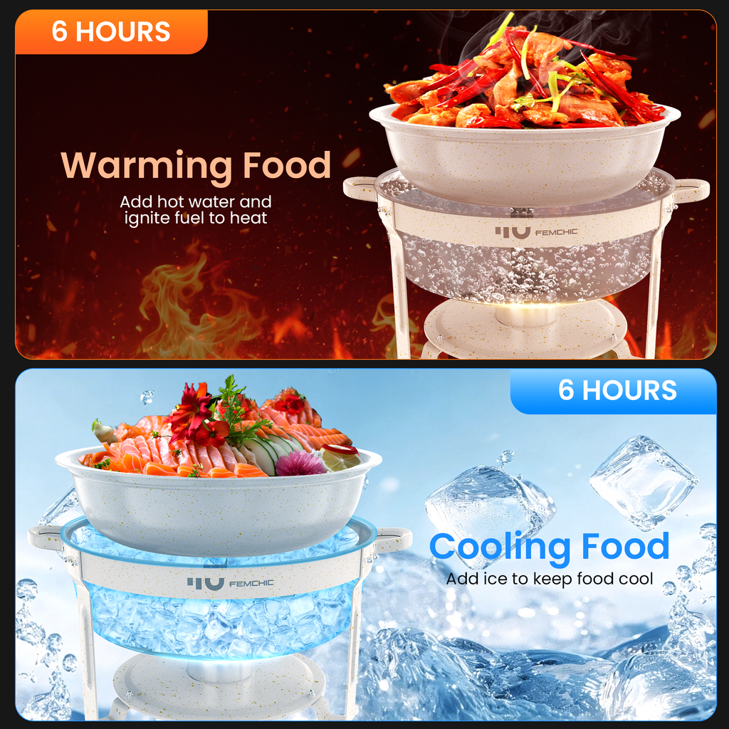 FEMCHIC 6.5QT Chafing Dish Buffet Set 2/4 Pack, White Maifanite-Coated Stainless Steel Round Buffet Server Food Warmer w/ Glass Lid & Lid Holder for Parties Catering Events Weddings Banquets
