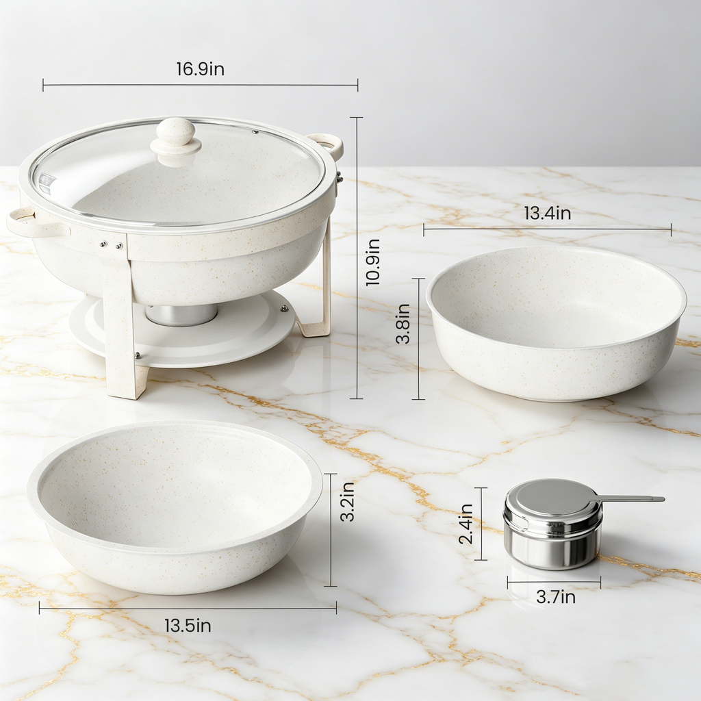 FEMCHIC 6.5QT Chafing Dish Buffet Set 2/4 Pack, White Maifanite-Coated Stainless Steel Round Buffet Server Food Warmer w/ Glass Lid & Lid Holder for Parties Catering Events Weddings Banquets