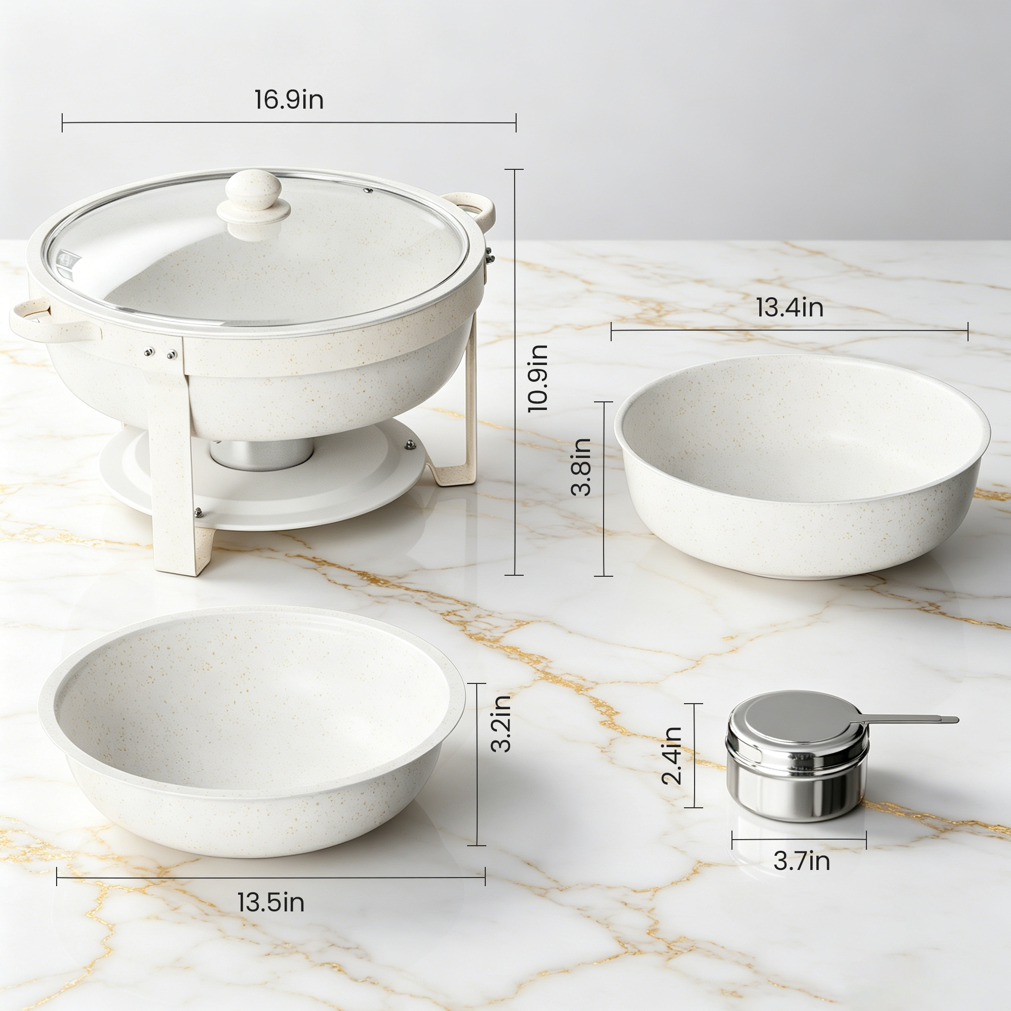 FEMCHIC 6.5QT Chafing Dish Buffet Set 2/4 Pack, White Maifanite-Coated Stainless Steel Round Buffet Server Food Warmer w/ Glass Lid & Lid Holder for Parties Catering Events Weddings Banquets