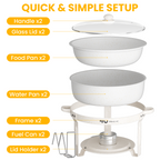 FEMCHIC 6.5QT Chafing Dish Buffet Set 2/4 Pack, White Maifanite-Coated Stainless Steel Round Buffet Server Food Warmer w/ Glass Lid & Lid Holder for Parties Catering Events Weddings Banquets