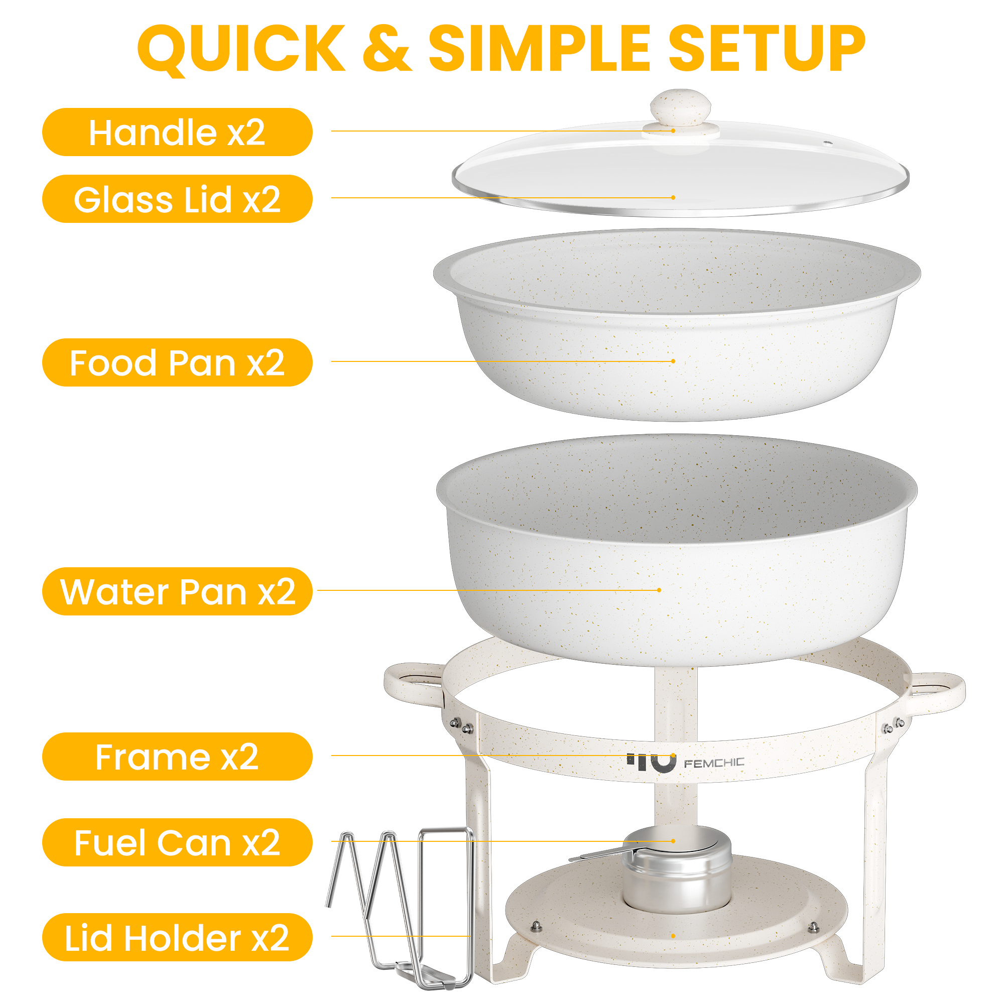 FEMCHIC 6.5QT Chafing Dish Buffet Set 2/4 Pack, White Maifanite-Coated Stainless Steel Round Buffet Server Food Warmer w/ Glass Lid & Lid Holder for Parties Catering Events Weddings Banquets