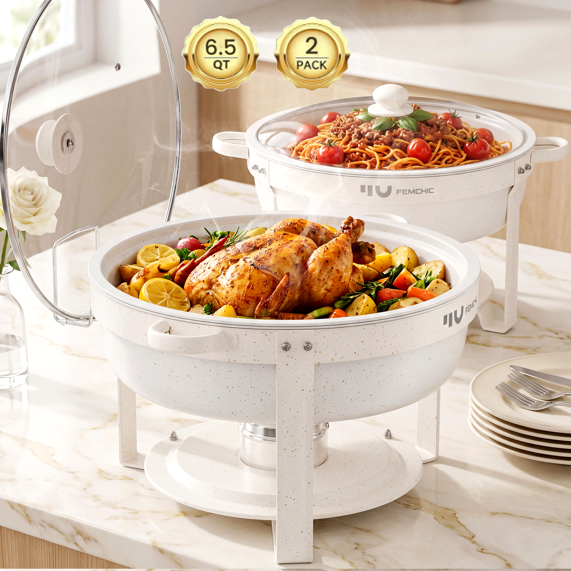 FEMCHIC 6.5QT Chafing Dish Buffet Set 2/4 Pack, White Maifanite-Coated Stainless Steel Round Buffet Server Food Warmer w/ Glass Lid & Lid Holder for Parties Catering Events Weddings Banquets
