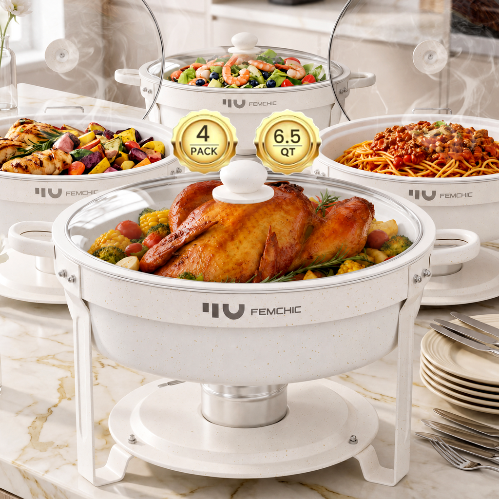 FEMCHIC 6.5QT Chafing Dish Buffet Set 2/4 Pack, White Maifanite-Coated Stainless Steel Round Buffet Server Food Warmer w/ Glass Lid & Lid Holder for Parties Catering Events Weddings Banquets