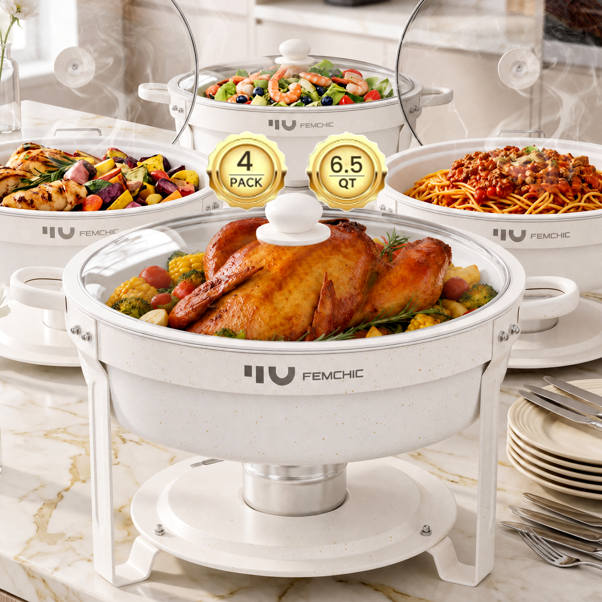 FEMCHIC 6.5QT Chafing Dish Buffet Set 2/4 Pack, White Maifanite-Coated Stainless Steel Round Buffet Server Food Warmer w/ Glass Lid & Lid Holder for Parties Catering Events Weddings Banquets