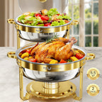 FEMCHIC 6.5QT Gold Chafing Dishes for Buffet 2/4 Pack, Chafing Dish Buffet Set Stainless Steel, Round Chafing Dishes with Glass Lid & Lid Holder, Smooth Mirror Polish for Party Events Wedding