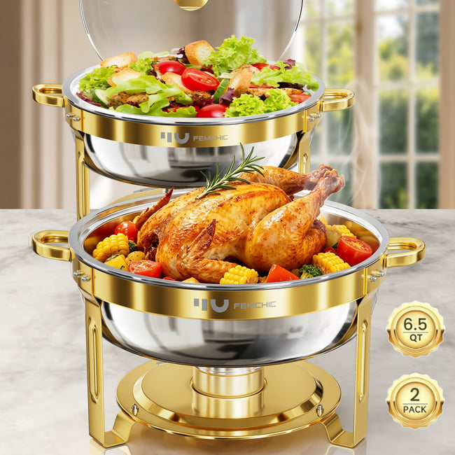 FEMCHIC 6.5QT Gold Chafing Dishes for Buffet 2/4 Pack, Chafing Dish Buffet Set Stainless Steel, Round Chafing Dishes with Glass Lid & Lid Holder, Smooth Mirror Polish for Party Events Wedding Hover Image
