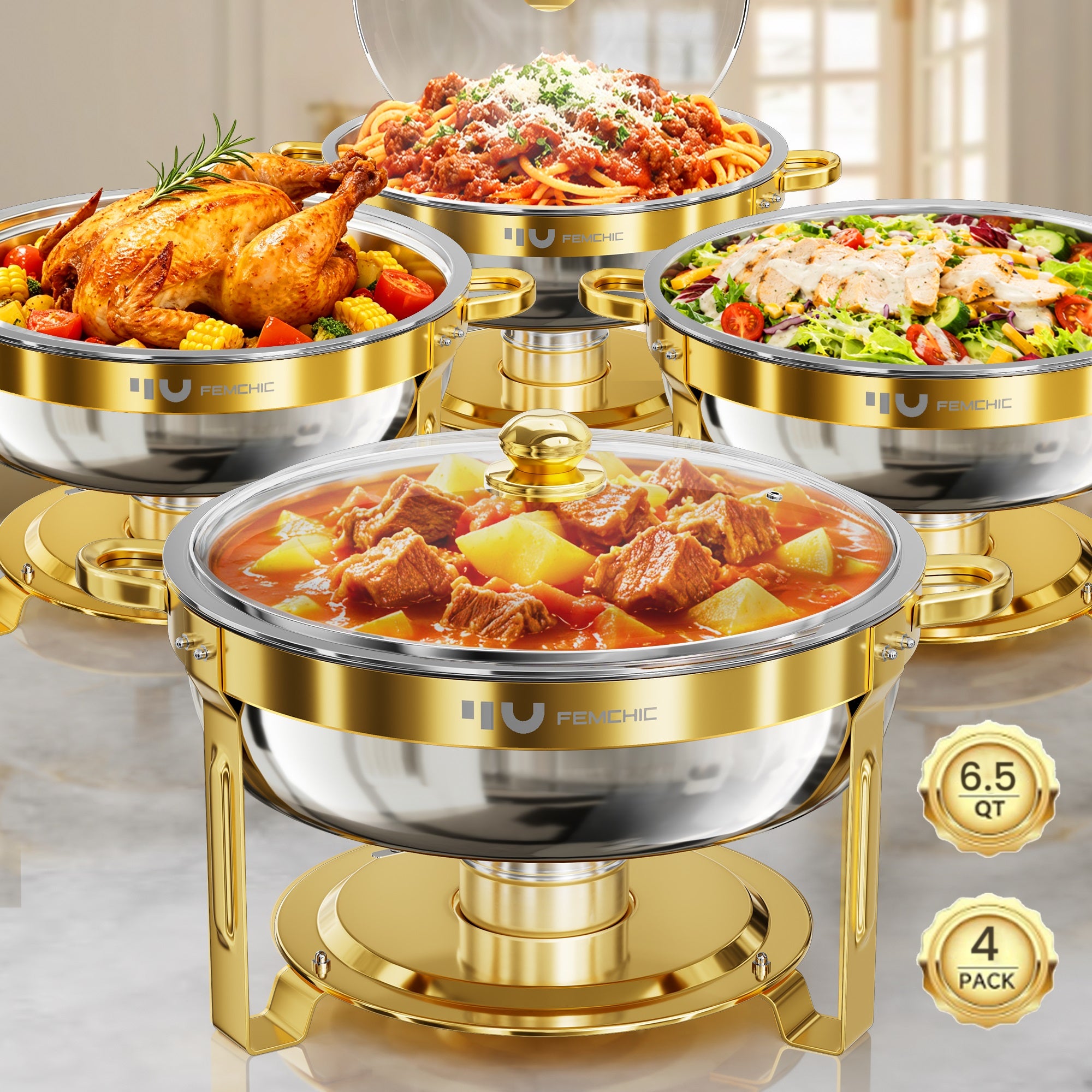 FEMCHIC Gold Chafing Dishes for Buffet 4 Pack, 1QT Chafing Dish Buffet Set Stainless Steel, Round Chafing Dishes with Glass Lid & Lid Holder, Mirror-Polished for Party Events Wedding