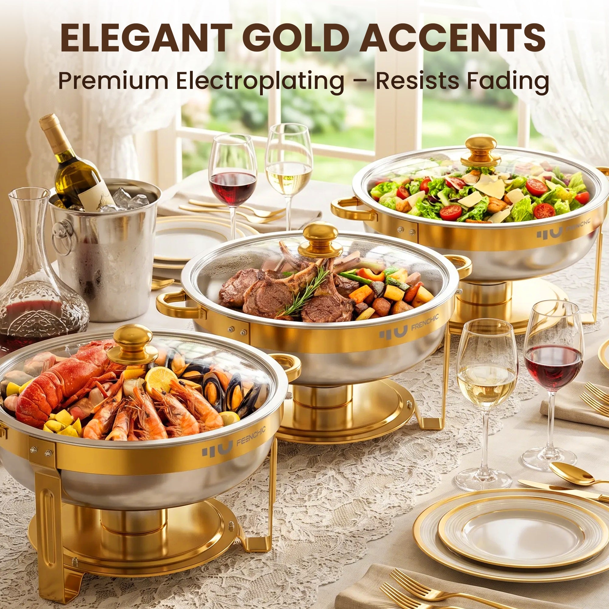 FEMCHIC 6.5QT Gold Chafing Dishes for Buffet 2/4 Pack, Chafing Dish Buffet Set Stainless Steel, Round Chafing Dishes with Glass Lid & Lid Holder, Smooth Mirror Polish for Party Events Wedding