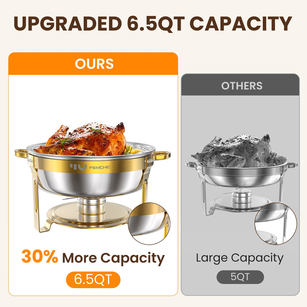 FEMCHIC 6.5QT Gold Chafing Dishes for Buffet 2/4 Pack, Chafing Dish Buffet Set Stainless Steel, Round Chafing Dishes with Glass Lid & Lid Holder, Smooth Mirror Polish for Party Events Wedding