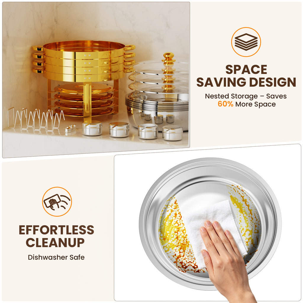 FEMCHIC 6.5QT Gold Chafing Dishes for Buffet 2/4 Pack, Chafing Dish Buffet Set Stainless Steel, Round Chafing Dishes with Glass Lid & Lid Holder, Smooth Mirror Polish for Party Events Wedding