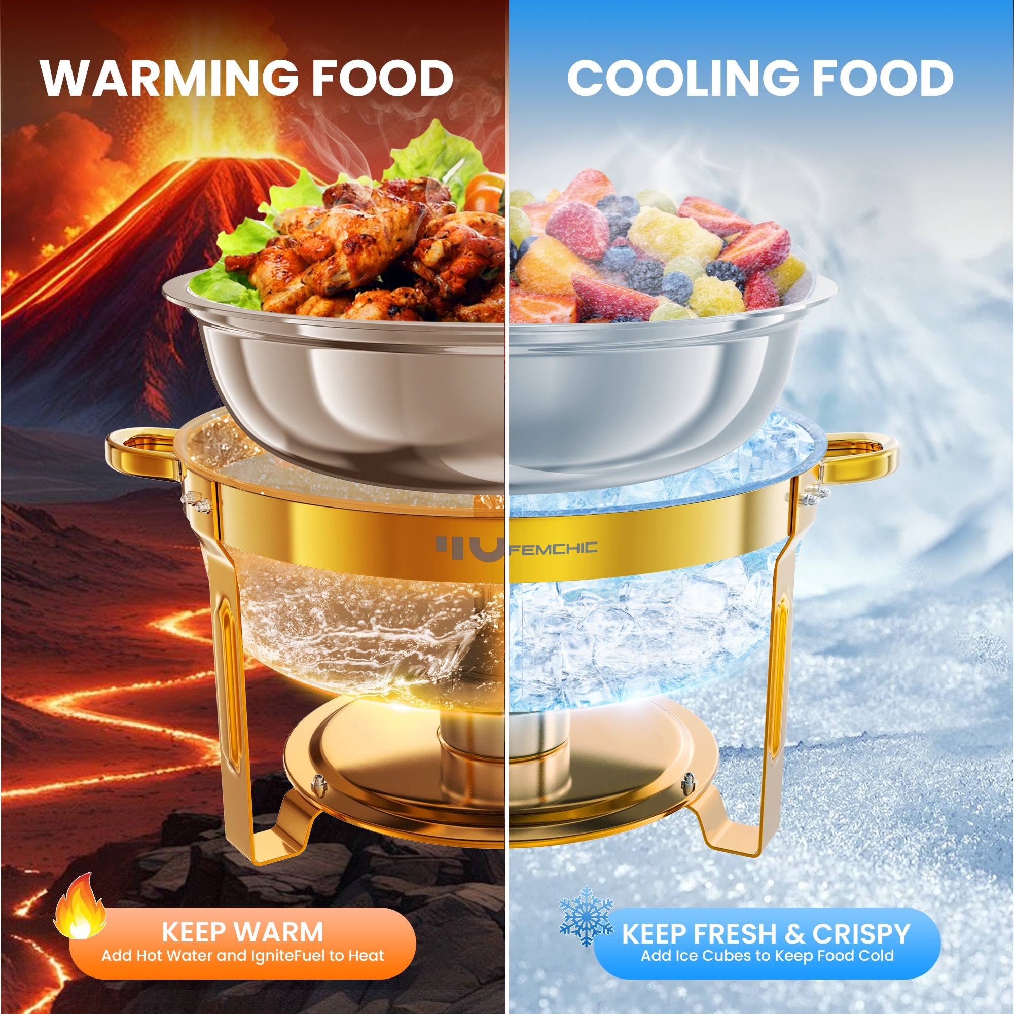 FEMCHIC 6.5QT Gold Chafing Dishes for Buffet 2/4 Pack, Chafing Dish Buffet Set Stainless Steel, Round Chafing Dishes with Glass Lid & Lid Holder, Smooth Mirror Polish for Party Events Wedding