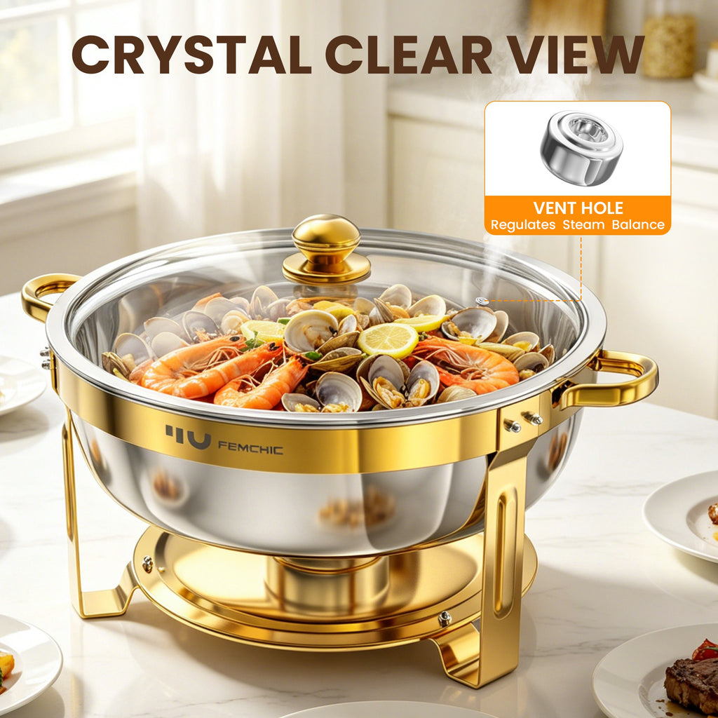 FEMCHIC 6.5QT Gold Chafing Dishes for Buffet 2/4 Pack, Chafing Dish Buffet Set Stainless Steel, Round Chafing Dishes with Glass Lid & Lid Holder, Smooth Mirror Polish for Party Events Wedding