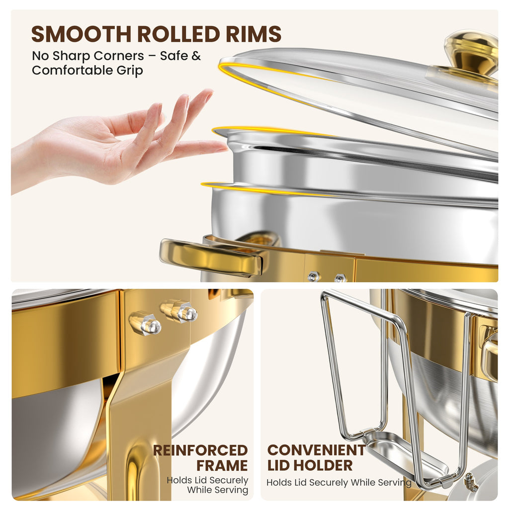 FEMCHIC 6.5QT Gold Chafing Dishes for Buffet 2/4 Pack, Chafing Dish Buffet Set Stainless Steel, Round Chafing Dishes with Glass Lid & Lid Holder, Smooth Mirror Polish for Party Events Wedding