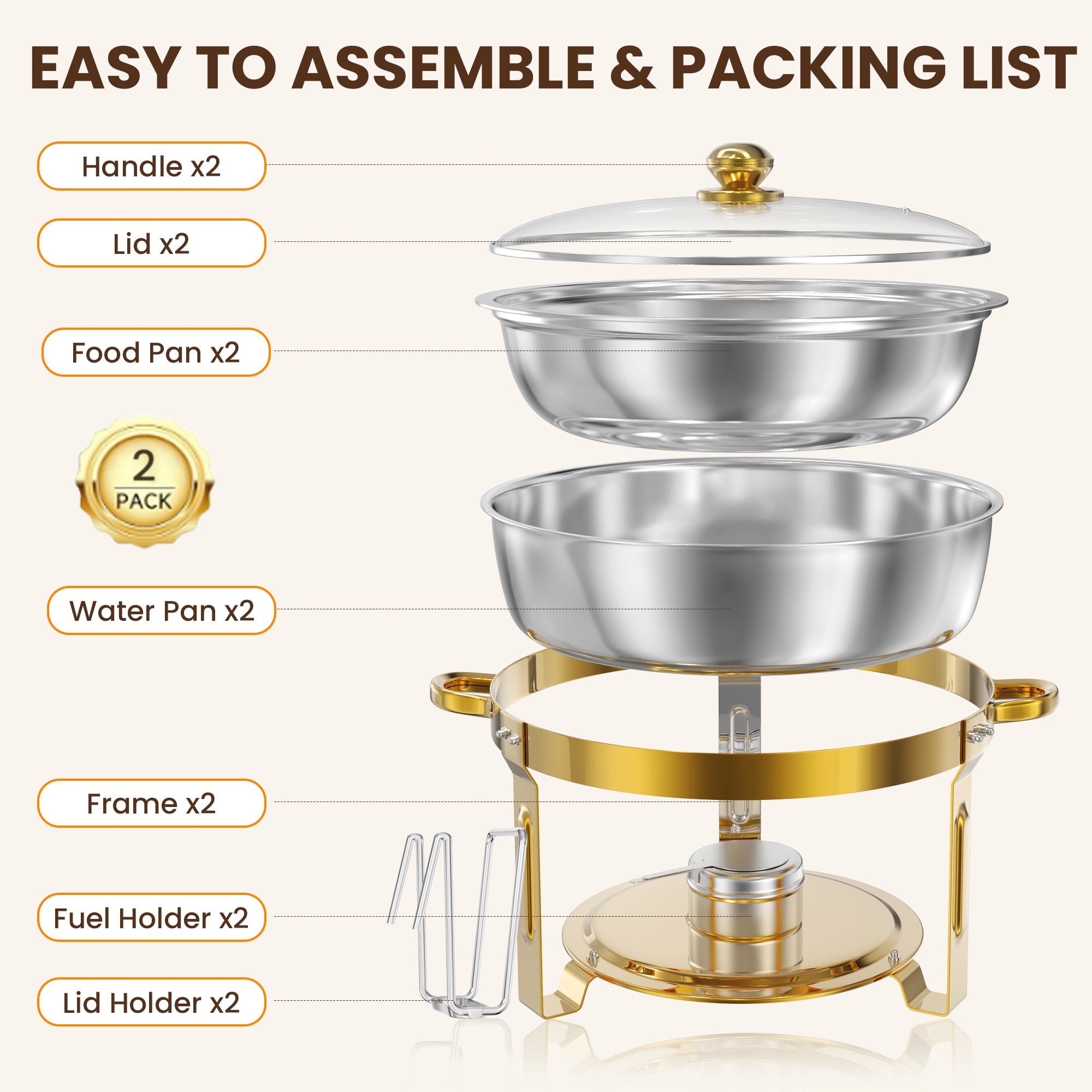 FEMCHIC 6.5QT Gold Chafing Dishes for Buffet 2/4 Pack, Chafing Dish Buffet Set Stainless Steel, Round Chafing Dishes with Glass Lid & Lid Holder, Smooth Mirror Polish for Party Events Wedding