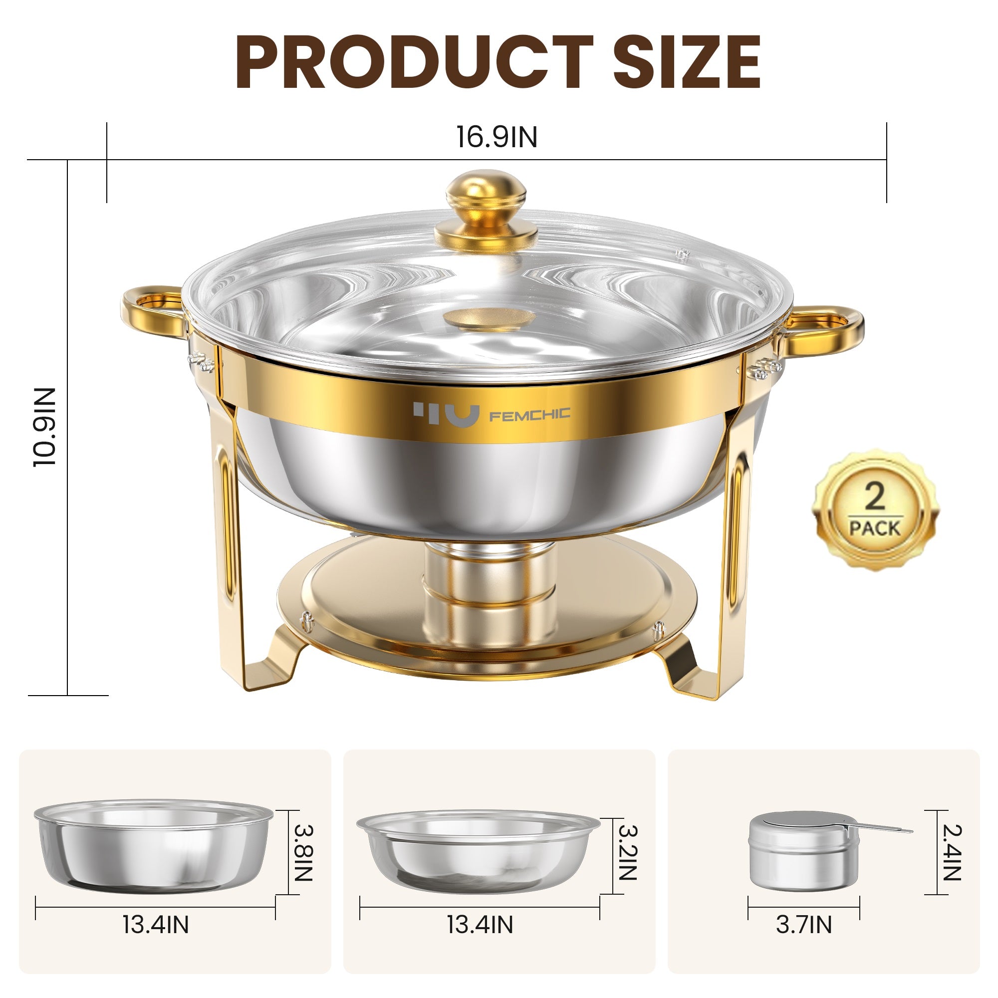 FEMCHIC 6.5QT Gold Chafing Dishes for Buffet 2/4 Pack, Chafing Dish Buffet Set Stainless Steel, Round Chafing Dishes with Glass Lid & Lid Holder, Smooth Mirror Polish for Party Events Wedding