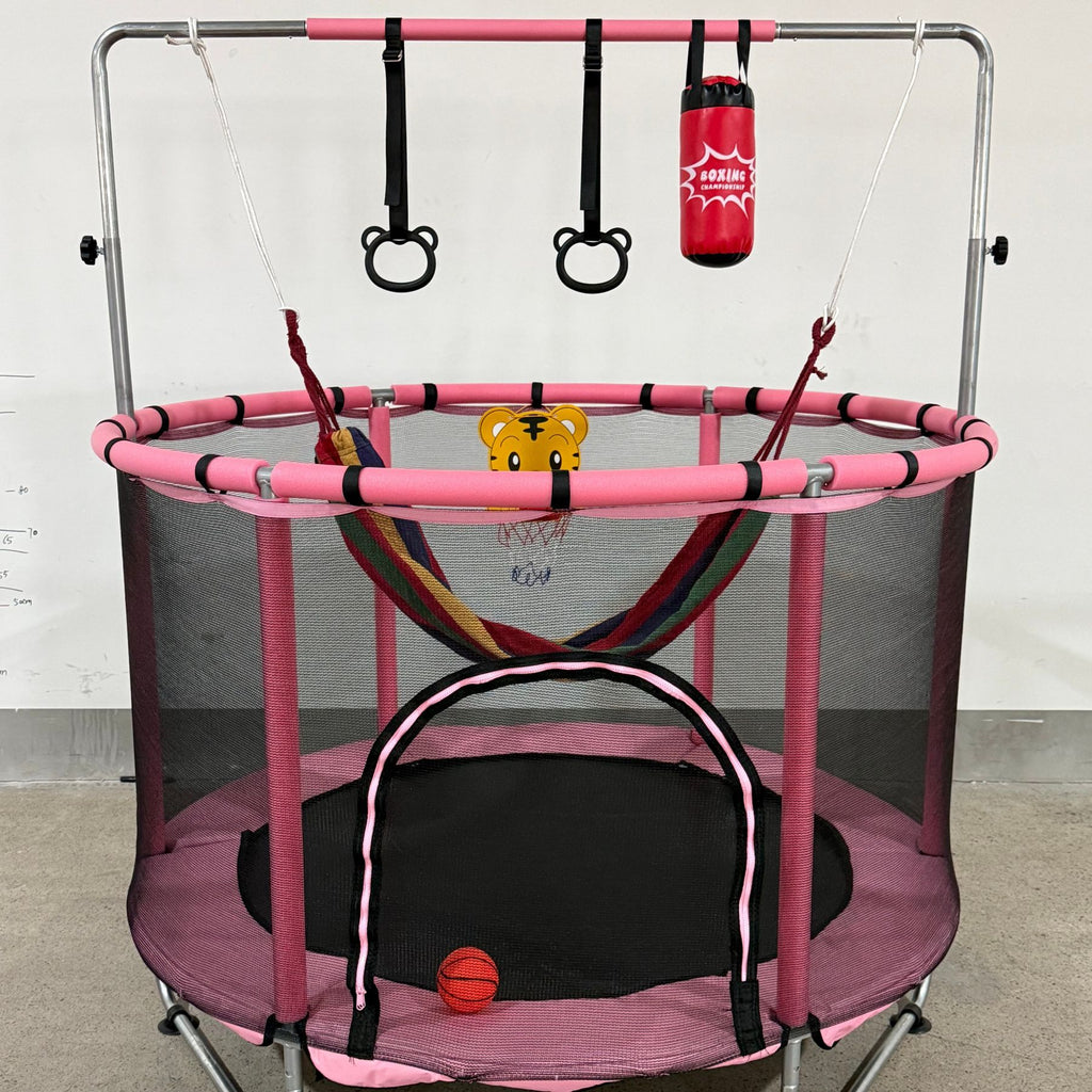 FEMCHIC 60" Kids Trampoline w/ Net,  Trampoline for Kids Age 2-5, Indoor Outdoor Adjustable Small Trampoline for Toddler w/ Swing and Basketball Hoop 400LBS, Pink