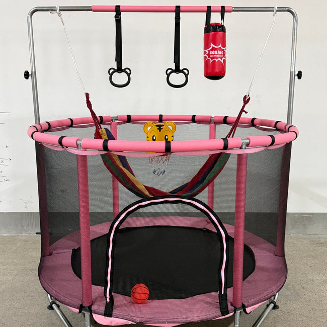 FEMCHIC 60" Kids Trampoline w/ Net,  Trampoline for Kids Age 2-5, Indoor Outdoor Adjustable Small Trampoline for Toddler w/ Swing and Basketball Hoop 400LBS, Pink Hover Image