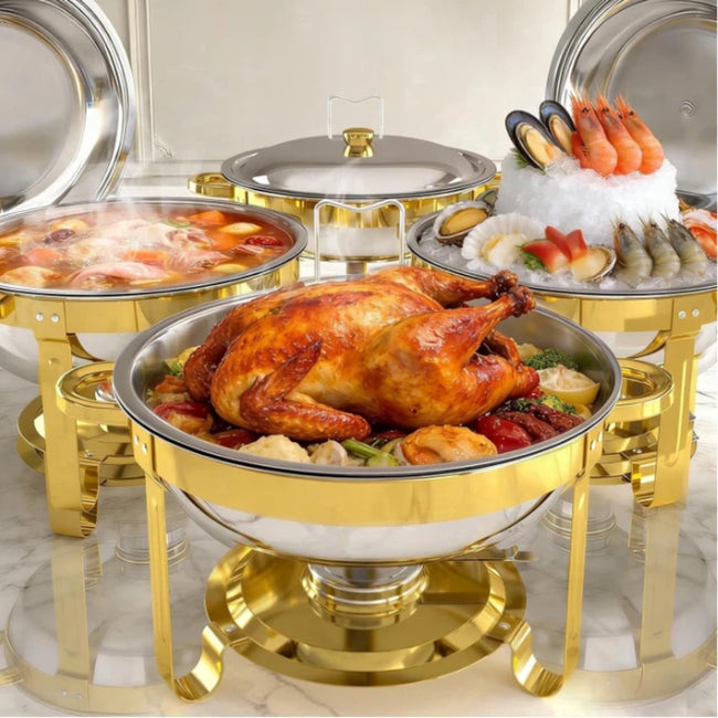 FEMCHIC 9QT White Chafing Dishes for Buffet 2/4 Pack, Chafing Dish Buffet Set Maifanite-Coated, Round Chafing Dishes with Glass Lid & Lid Holder, Smooth Mirror Polish for Party Events Wedding Main Image